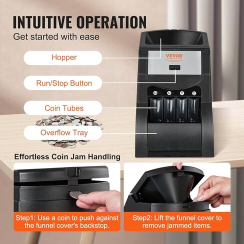 VEVOR Coin Sorter, Coin Sorter and Wrapper Machine with 4 Larger Coin Tubes, Sorts USD Coin 1￠ 5￠ 10￠ 25, up to 230 Coins/min, Black in Kuwait