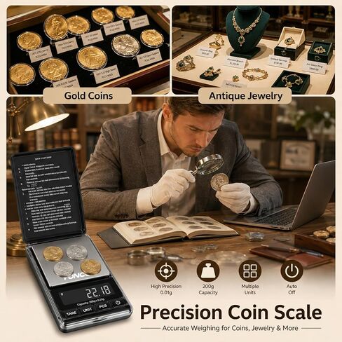 ميزان العملات الرقمية، مقياس الجرام، دقة 0.01 جرام لهواة جمع العملات المعدنية وصرافي البنوك والاستخدام المنزلي، مقياس مثالي للذهب والمجوهرات، سعة 200 جرام مع وزن المعايرة in Kuwait