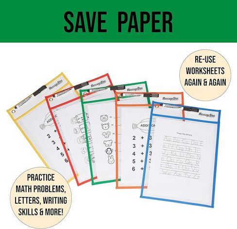 جيوب شفافة قابلة لإعادة الاستخدام للمسح الجاف من ECR4Kids مع أقلام تحديد وأكمام بلاستيكية، متنوعة، 30 قطعة in Kuwait