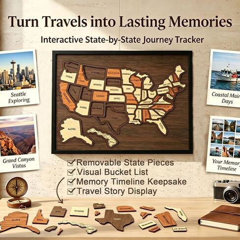 Wooden USA Travel Map Puzzle, Interactive State-by-State Journey Tracker Maps Pin Board for Traveling, Removable USA Maps Puzzles for Journey Memories, Gift for Couple Family Art Home Decor (Standard) in Saudi Arabia
