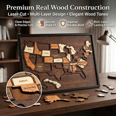 Wooden USA Travel Map Puzzle, Interactive State-by-State Journey Tracker Maps Pin Board for Traveling, Removable USA Maps Puzzles for Journey Memories, Gift for Couple Family Art Home Decor (Standard) in Saudi Arabia
