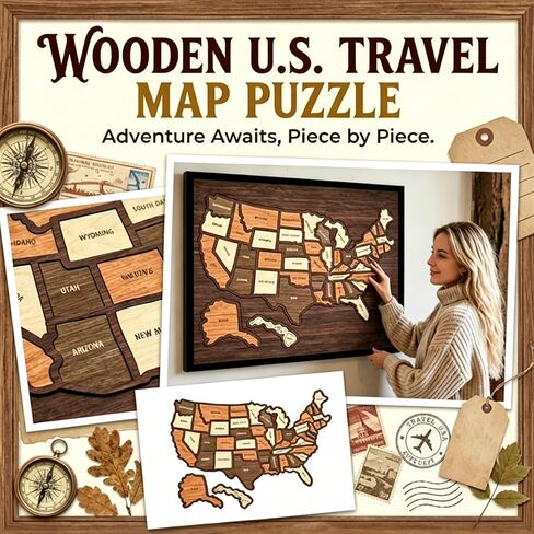 Wooden USA Travel Map Puzzle, Interactive State-by-State Journey Tracker Maps Pin Board for Traveling, Removable USA Maps Puzzles for Journey Memories, Gift for Couple Family Art Home Decor (Standard) in Saudi Arabia