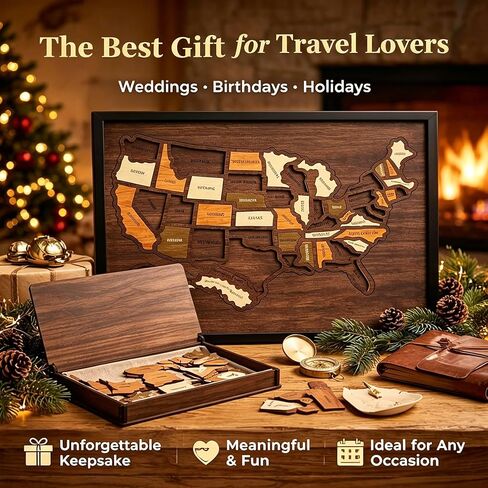 Wooden USA Travel Map Puzzle, Interactive State-by-State Journey Tracker Maps Pin Board for Traveling, Removable USA Maps Puzzles for Journey Memories, Gift for Couple Family Art Home Decor (Standard) in Saudi Arabia