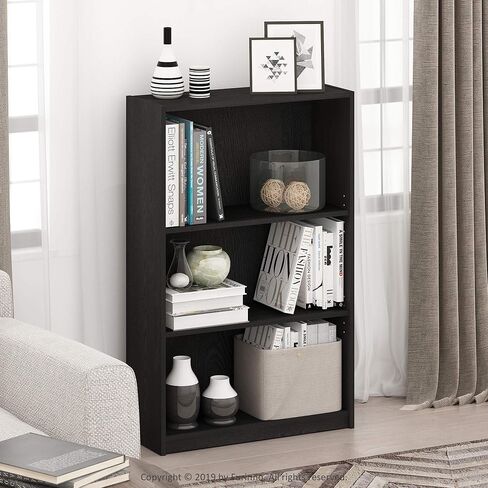 رف كتب Furinno Jaya، رف كتب من 3 طبقات، خزانة كتب مع أرفف قابلة للتعديل، 9.5 × 24.5 × 40.3، للتنظيم والتخزين، لغرفة المعيشة، غرفة النوم، المكتب المنزلي، خشب أسود in Kuwait