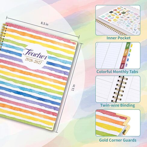 Teacher Planner 2026-2027, July 2026 to June 2027 Academic Year, 8.5" x 11" Lesson Planner Book for Teachers with Colorful Tabs, Hardcover, Color Stripe in Saudi Arabia