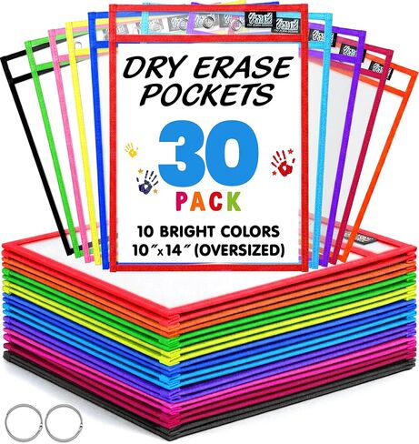30 Packs Reusable Dry Erase Pockets Sleeves with 2 Binder Rings - 10 Color Set - 10x14 Oversized dry erase sheet protectors with Clear Pocket Sleeves -School Supplies for Teachers classroom must haves in Kuwait