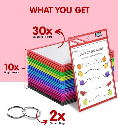30 Packs Reusable Dry Erase Pockets Sleeves with 2 Binder Rings - 10 Color Set - 10x14 Oversized dry erase sheet protectors with Clear Pocket Sleeves -School Supplies for Teachers classroom must haves in Kuwait