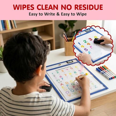 30 Packs Reusable Dry Erase Pockets Sleeves with 2 Binder Rings - 10 Color Set - 10x14 Oversized dry erase sheet protectors with Clear Pocket Sleeves -School Supplies for Teachers classroom must haves in Kuwait