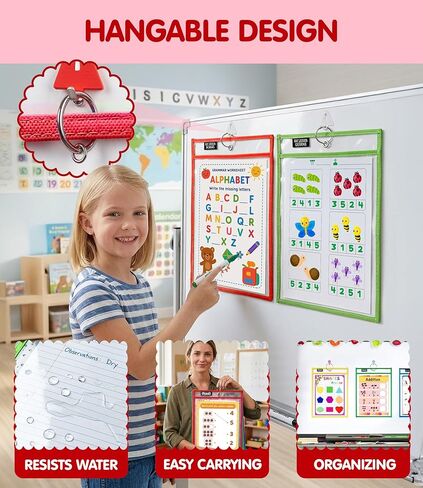 30 Packs Reusable Dry Erase Pockets Sleeves with 2 Binder Rings - 10 Color Set - 10x14 Oversized dry erase sheet protectors with Clear Pocket Sleeves -School Supplies for Teachers classroom must haves in Kuwait