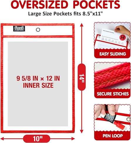30 Packs Reusable Dry Erase Pockets Sleeves with 2 Binder Rings - 10 Color Set - 10x14 Oversized dry erase sheet protectors with Clear Pocket Sleeves -School Supplies for Teachers classroom must haves in Kuwait