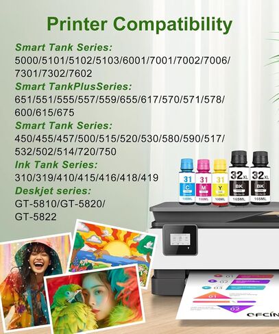 مجموعة زجاجات الحبر 31 32XL، Smart Tank 5000 5101 7602 570 651 عبوة حبر متوافقة مع HP 31 Ink 32XL مجموعة زجاجات الحبر الأسود المتوافقة مع طابعات HP Smart Tank 5000 5101 7602 570 651 6001 7001 7301 in Kuwait