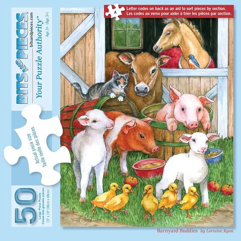 Bits and Pieces - 50 Piece Jigsaw Puzzle for Adults 15" x 19" - Barnyard Buddies - 50 pc Farm Animals Sheep Pigs Horses Jigsaw by Artist Lorraine Ryan in Saudi Arabia