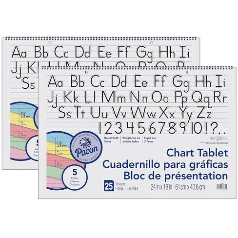 Pacon® Colored Paper Chart Tablet, Manuscript Cover, 5 Assorted Colors, 1-1/2" Ruled, 24" x 16", 25 Sheets, Pack of 2 in Kuwait
