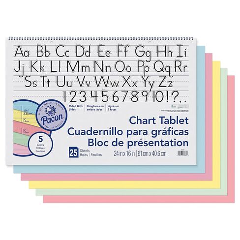 Pacon® Colored Paper Chart Tablet, Manuscript Cover, 5 Assorted Colors, 1-1/2" Ruled, 24" x 16", 25 Sheets, Pack of 2 in Kuwait