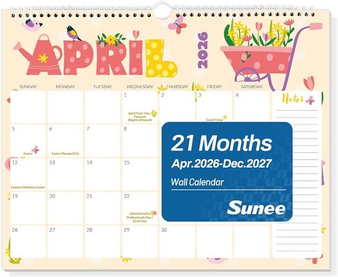 تقويم حائط SUNEE 2026-2027- 21 شهرًا أبريل 2026 - ديسمبر 2027، 14.5 × 11.5 بوصة تقويم معلق شبكي كبير 2026 مع ملاحظة للتنظيم والتخطيط، تقويم حائط 2026 مع ملاحظة، لطيف in Kuwait