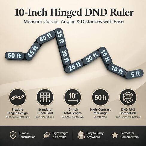 مسطرة حركة DND مفصلية مقاس 10 بوصات، مقياس قياس مرن لمنمنمات آر بي جي على الطاولة، أداة تحديد المسار وألعاب الحرب، مقياس دقيق من 5 إلى 50 قدمًا، وصلات متينة غير قابلة للإزالة in Kuwait