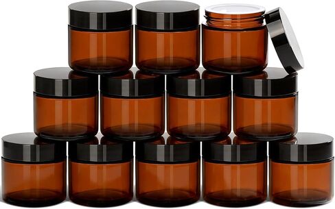 Qeirudu 4 Oz Small Amber Glass Jars with Black Lids, 12 Pack Empty Glass Cosmetic Jars with Inner Liners and Labels for Storing Lotions, Ointments, Creams, Candles in Saudi Arabia