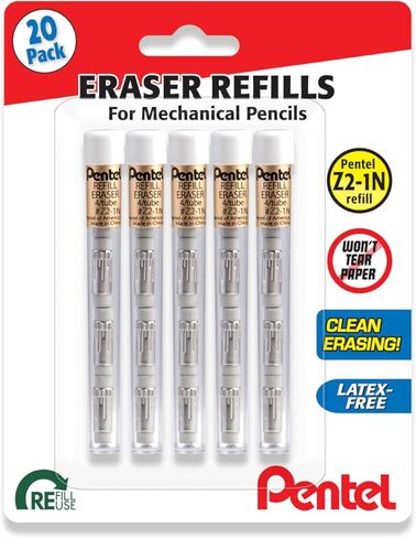 Pentel Mechanical Pencil Eraser Refills, 20 Erasers - 5 Tubes Per Pack, 4 Erasers Per Tube in Kuwait