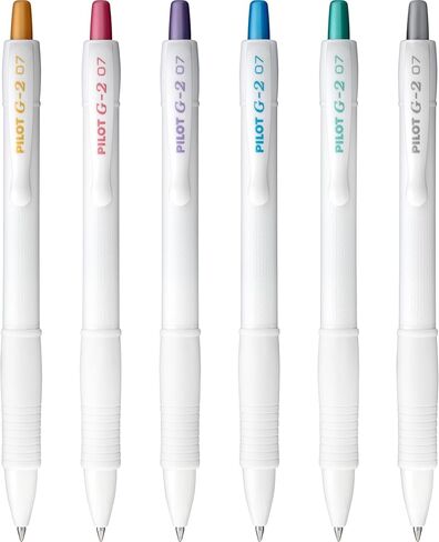 Pilot G2 Edge White، أحبار معدنية متنوعة، أقلام جل دوارة فاخرة، تجربة كتابة حسية، صندوق 6 قطع، نقطة دقيقة 0.7 مم in Kuwait