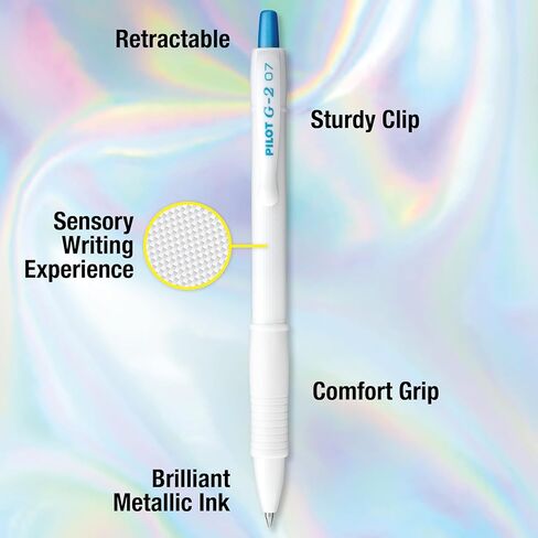 Pilot G2 Edge White، أحبار معدنية متنوعة، أقلام جل دوارة فاخرة، تجربة كتابة حسية، صندوق 6 قطع، نقطة دقيقة 0.7 مم in Kuwait