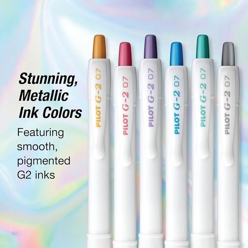 Pilot G2 Edge White، أحبار معدنية متنوعة، أقلام جل دوارة فاخرة، تجربة كتابة حسية، صندوق 6 قطع، نقطة دقيقة 0.7 مم in Kuwait