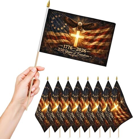 12 PCS Small American Flags on Stick 4th of July Decorations Flag 250 Years of Freedom We The People 1776-2026 250th Birthday Patriotic Signs Hand Held Flags for Room House Welcome Lawn Backdrop Parade (12) in Saudi Arabia