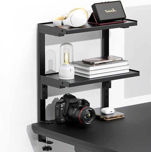 Spacrea clamp on Desk Shelf, 2 Tier Office Desk Shelves Organizer, Wood Desktop Supplies Storage Rack, Desk Organizers and Accessories (Black) in Kuwait