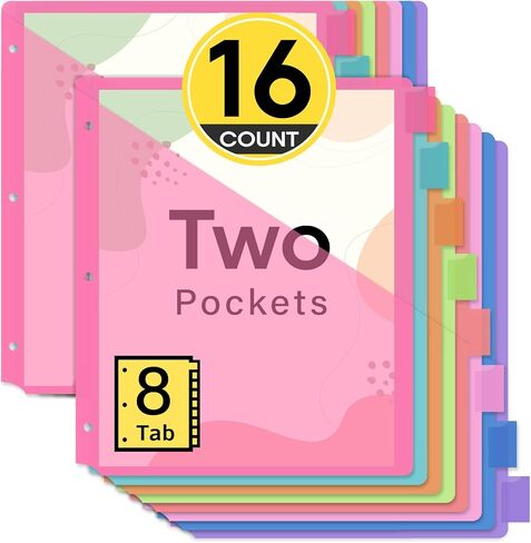Taja 16 Count Dividers for 3 Ring Binder with Two Pockets, 8 Tabs Set, Plastic Binder Index Dividers, Perfect for Office & School Organization Supplies, Bright Colors, 2 Set in Kuwait