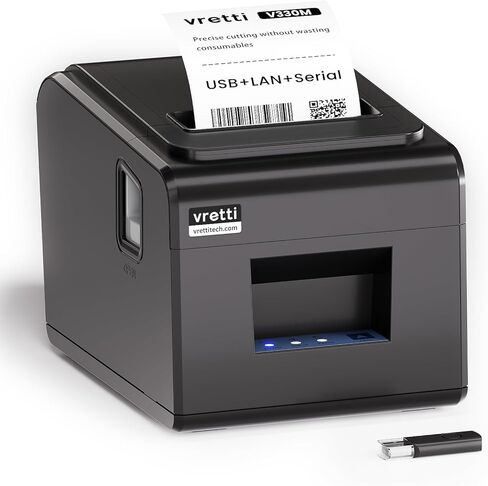 طابعة الإيصالات الحرارية vretti، طابعة حرارية مباشرة 3'1/8 80 مم مع منفذ USB تسلسلي LAN - طابعة POS للمطبخ ESC/POS تدعم درج النقود in Kuwait