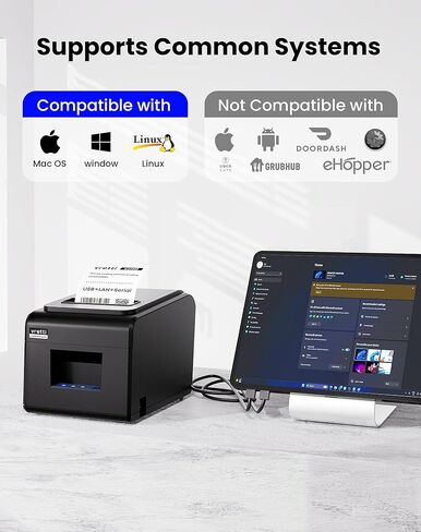 طابعة الإيصالات الحرارية vretti، طابعة حرارية مباشرة 3'1/8 80 مم مع منفذ USB تسلسلي LAN - طابعة POS للمطبخ ESC/POS تدعم درج النقود in Kuwait