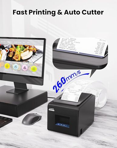 طابعة الإيصالات الحرارية vretti، طابعة حرارية مباشرة 3'1/8 80 مم مع منفذ USB تسلسلي LAN - طابعة POS للمطبخ ESC/POS تدعم درج النقود in Kuwait