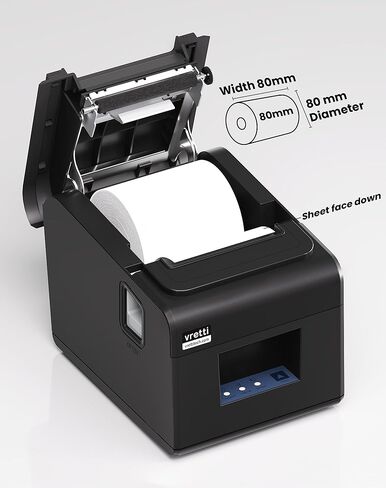 طابعة الإيصالات الحرارية vretti، طابعة حرارية مباشرة 3'1/8 80 مم مع منفذ USB تسلسلي LAN - طابعة POS للمطبخ ESC/POS تدعم درج النقود in Kuwait