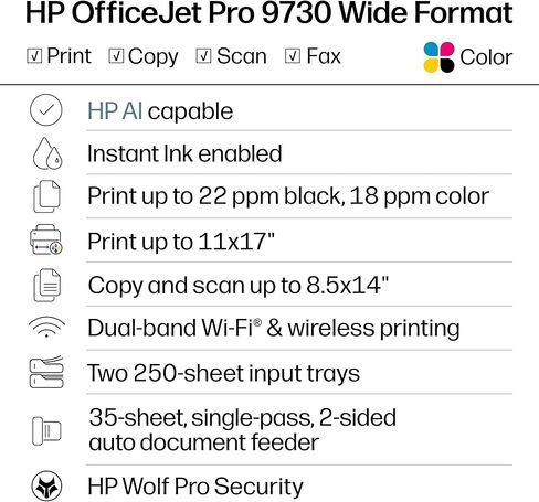 طابعة HP OfficeJet Pro 9730 اللاسلكية متعددة الإمكانات الملونة النافثة للحبر، الطباعة والمسح الضوئي والنسخ والفاكس، حتى 11x17 ADF، الطباعة/المسح الضوئي على الوجهين، الأفضل للمكتب، تجربة 3 أشهر من الحبر الفوري (C2WH0A) in Kuwait