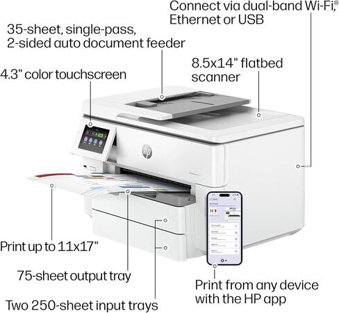 طابعة HP OfficeJet Pro 9730 اللاسلكية متعددة الإمكانات الملونة النافثة للحبر، الطباعة والمسح الضوئي والنسخ والفاكس، حتى 11x17 ADF، الطباعة/المسح الضوئي على الوجهين، الأفضل للمكتب، تجربة 3 أشهر من الحبر الفوري (C2WH0A) in Kuwait