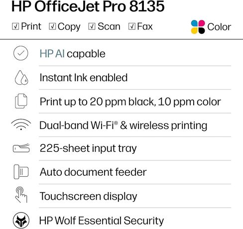 طابعة HP OfficeJet Pro 8135 اللاسلكية النافثة للحبر الملونة الكل في واحد، طباعة، مسح ضوئي، نسخ، فاكس، ADF، طباعة على الوجهين الأفضل للمكتب المنزلي، تجربة 3 أشهر من الحبر الفوري، قادرة على الذكاء الاصطناعي (C2VK1A) in Kuwait