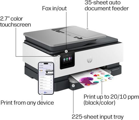 طابعة HP OfficeJet Pro 8135 اللاسلكية النافثة للحبر الملونة الكل في واحد، طباعة، مسح ضوئي، نسخ، فاكس، ADF، طباعة على الوجهين الأفضل للمكتب المنزلي، تجربة 3 أشهر من الحبر الفوري، قادرة على الذكاء الاصطناعي (C2VK1A) in Kuwait