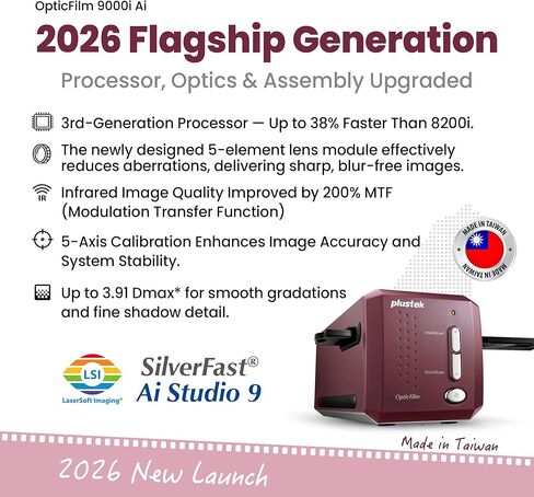 ماسح ضوئي للأفلام مقاس 35 مم من Plustek OpticFilm 9000i Ai - نظام عدسات الجيل الثالث الجديد ومحاذاة دقيقة بخمسة محاور - تفاصيل وثبات احترافية - الطراز الرائد لعام 2026 in Kuwait
