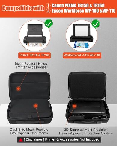 حقيبة حمل لطابعة Canon PIXMA TR160، TR150، Epson Workforce WF-110، WF-100 المحمولة، حقيبة كتف سفر مقاومة للصدمات مع مقسم قابل للتعديل وتخزين ثلاثي الطبقات للاستخدام العالمي in Kuwait