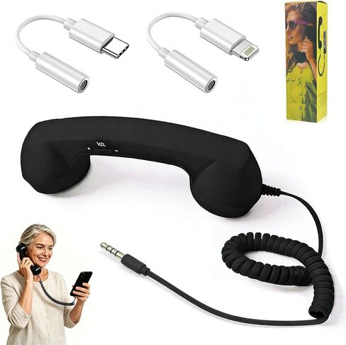 سماعة هاتف ريترو للهاتف الخلوي، مستقبل هاتف سلكي عتيق بمقبس 3.5 ملم مع محولات USB-C ومحولات لايتنينج، ملحق مكتب ممتع (أسود) in Kuwait