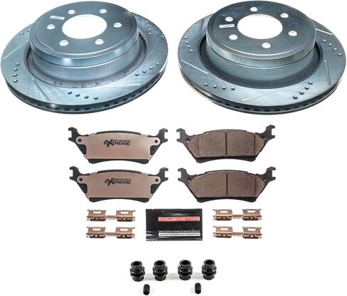 طقم فرامل خلفية PowerStop لسيارة Ford F-150 2012-18 - وسادات فرامل سيراميك من ألياف الكربون للشاحنة والقطر + ترقية الدوارات المحفورة والمشقوقة، K6271-36 in Kuwait