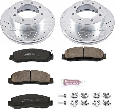 طقم فرامل أمامية PowerStop لسيارة Ford F-250 Super Duty 2009-11 | Ford F-350 Super Duty 2010-11 - دوارات قرصية مثقوبة ومشقوقة مع استبدال وسادات الفرامل السيراميكية من ألياف الكربون، K5412 in Kuwait