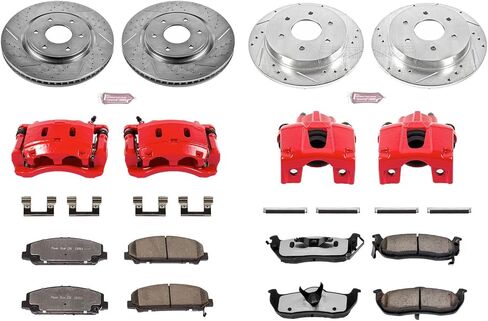 طقم الفرامل والفرجار الأمامي والخلفي PowerStop لسيارة إنفينيتي QX56 2006-07 | نيسان أرمادا 2006-07 - دوارات قرصية محفورة ومشقوقة + تيل فرامل Z36 + ماسكات مطلية بمسحوق أحمر، KC2804-36 in Kuwait