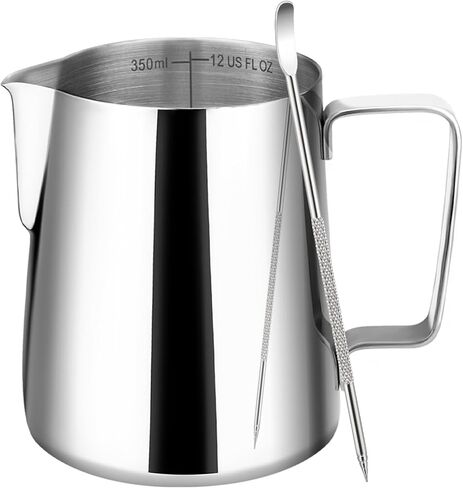 Milk Frothing Pitcher, 12oz Milk Frother Cup with Clear Scale, 304 Stainless Steel Cappuccino Espresso Machine Accessories for Barista Coffee Bar with Latte Art Pen, Silver in Saudi Arabia