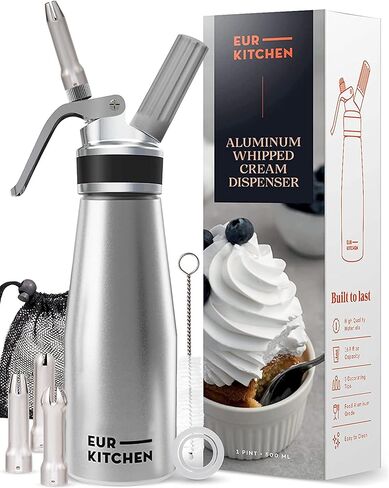 موزع الكريمة المخفوقة الاحترافي من الألومنيوم من EurKitchen - علبة صانعة الكريمة المخفوقة مانعة للتسرب مع 3 فوهات تزيين وفرشاة تنظيف - 1 لتر / 500 مل من الكريمة المخفوقة - شواحن N2O (غير متضمنة) in Kuwait