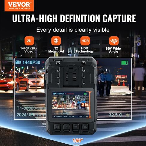 VEVOR 1440P HD Police Body Camera, 64GB Body Cam with Audio Video Recording Picture, Built-in 2850 mAh Battery, 2.0" LCD, Infrared Night Vision, Waterproof Personal Body Cam for Law Enforcement in Saudi Arabia