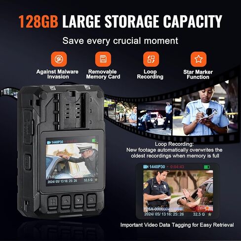 VEVOR 1440P HD Police Body Camera, 64GB Body Cam with Audio Video Recording Picture, Built-in 2850 mAh Battery, 2.0" LCD, Infrared Night Vision, Waterproof Personal Body Cam for Law Enforcement in Saudi Arabia
