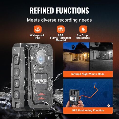 VEVOR 1440P HD Police Body Camera, 64GB Body Cam with Audio Video Recording Picture, Built-in 2850 mAh Battery, 2.0" LCD, Infrared Night Vision, Waterproof Personal Body Cam for Law Enforcement in Saudi Arabia