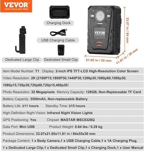 VEVOR 1440P HD Police Body Camera, 64GB Body Cam with Audio Video Recording Picture, Built-in 2850 mAh Battery, 2.0" LCD, Infrared Night Vision, Waterproof Personal Body Cam for Law Enforcement in Saudi Arabia