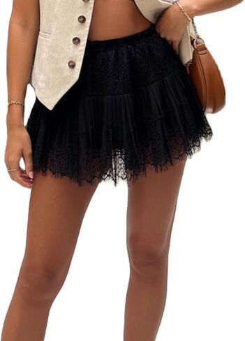 Y2K Lace Tiered Mini Skirt for Women Ruffled Pleated Lace Trim Half Slip Low Rise Flowy Short Skirts Halloween Underskirt in Saudi Arabia
