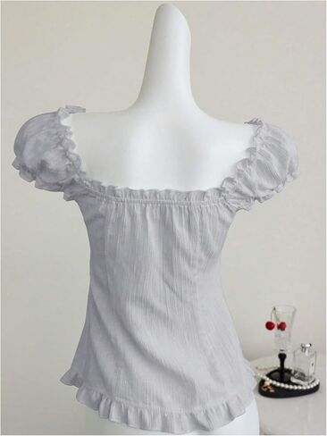 Women's Ruffle Frill Blouses Tops Puff Sleeve Scoop Neck Summer Shirts Cutesy Outfit in Saudi Arabia